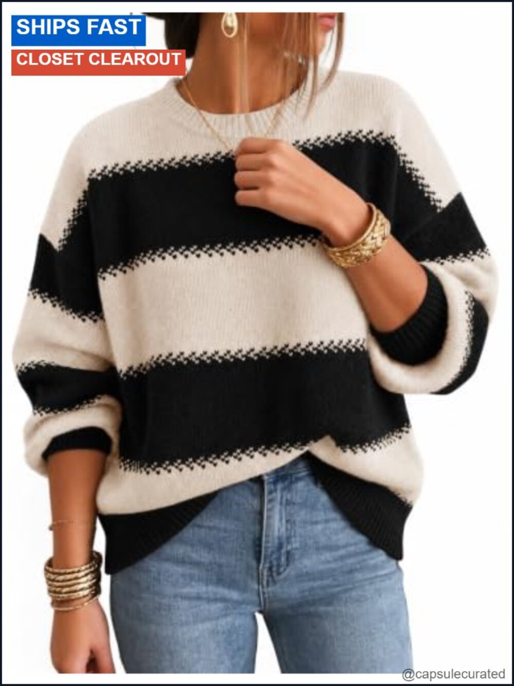 ZESICA Women's Oversized Striped Long Sleeve Knit Sweater Pullover